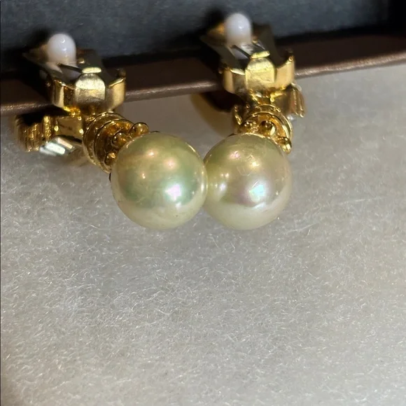 Vintage Christian Dior Gold Tone Crystal, Rhinestone, faux Pearl Clip Earrings